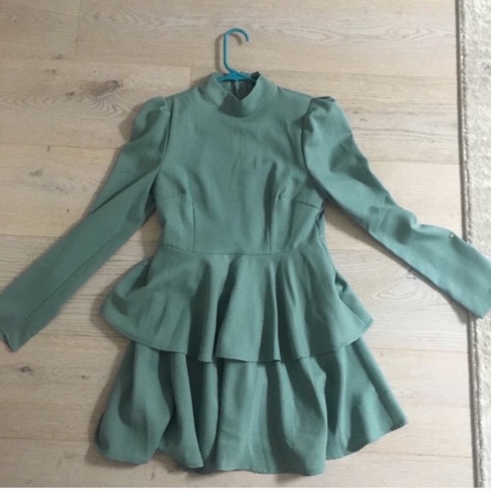 Pretty Little Thing Green Long Sleeve Ruffle Dress